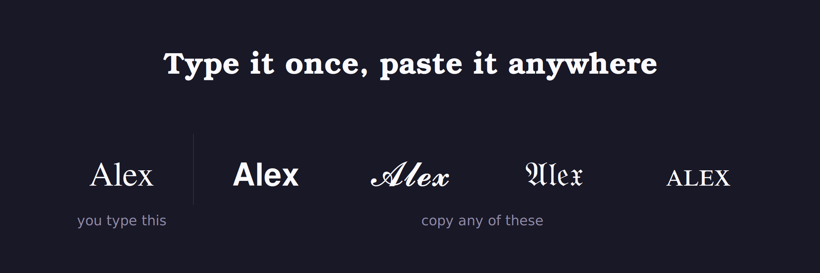 The name Alex shown in plain, bold, cursive, gothic and small caps Unicode styles ready to copy into Discord