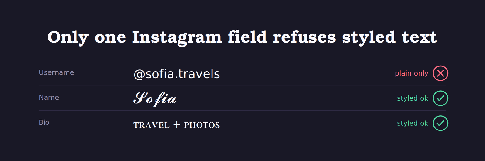 The username sofia.travels rejected, next to the name Sofia and the bio line Travel + Photos both accepted, showing Instagram’s three text fields side by side